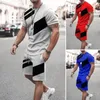 Männer Trainingsanzüge Männer Sportanzug Sommer Sport Set O-Ausschnitt T-Shirt mit Kordelzug Taille Shorts Farbblock gestreift 3D-Druck für