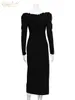 Clacive Bodycon Black Patchwork Dress Elegant Ruffle Collar Long Sleeve Office Midi Fashion Slim Slit Dresses For Women 240319