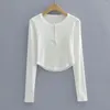 Women's T Shirts Round Neck Half-open Curved Edge Slim Cropped Top Buttoned Fingers Long Sleeve T-shirt Base Shirt Trendy