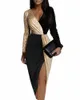2023 Elegant Midi Dres Black Gold Sequin Patchwork LG Sleeve Prom Slit Dr For Women Luxury High midjeparty Evening New W0D1#