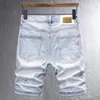 Jeans masculinos designer de moda curto homens retro luz azul estiramento fino ajuste rasgado impresso pintado hip hop denim shorts