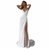 Lorie biała syrena ślub Dres Soft Satin Beach Bridal Suknie nożne paski Spaghetti Luksusowe koraliki Princip Party Suknie 51vd#