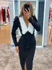Clacive Bodycon Black Patchwork Dress Elegant Ruffle Collar Long Sleeve Office Midi Fashion Slim Slit Dresses For Women 240319
