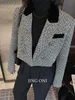 Blazers veste femmes vêtements manteau extérieur de luxe Style coréen Y2k recadrée hiver élégant costumes en Tweed couture gris court 240320