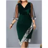 Basic & Casual Dresses Elegant Womens Plus Size Dress 2023 Sequin Evening V Neck Mesh Sleeve Spring Summer Midi Black For Drop Delive Dhh2B