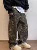 Houzhou Tan Leopard Dżinsy Mężczyźni Dżinsowe spodnie Mężczyzna szerokie spodnie Nogą Spodnie Streetwear Hip Hop Vintage Ubrania luźne U56V#