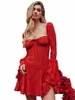 Femmes Flare Sleeve haute taille A-Line Lace Dr Luxury Sexy Squy Collar Lace-Up Backl Zipper Wedding Party Red Dres 2024 36F0 #