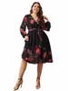 Chic grande taille imprimé fleuri col en V Midi ceinturé Dr femmes vêtements de sport noir Lg manches fête élégant Vintage Dres K63s #