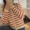 Frauen Frühling Herbst Pullover Oansatz Streifen Gestrickte Strickjacke Fi LG Hülse Beiläufige Kurze Neue Tops e7Ei #