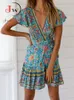 Kvinnor Summer Mini Casual Short Sleeve Floral Print V Neck Sexy Wrap Boho Beach Dress Robe S ~ 5XL 240314