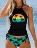 Roupa de banho feminina verão 3d impresso conjunto de biquíni maiô sexy duas peças soltas praia tankini S-6XL