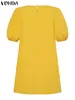 Casual Dresses Vonda Bohemian Women Dress Summer Short Sleeve Mini Sundress 2024 Fashion Printed Round Neck Loose Holiday Vestidos Robe