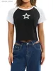 Women's T-Shirt Womens casual short sleeved T-shirt fashion star printed round neck exposed collar navy blue top24329