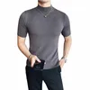 Automne haute qualité à manches courtes tricoté t-shirts hommes mince solide pulls demi col roulé décontracté étiré t-shirt Homme y5T8 #