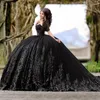 Black Sparkly Princess Off Shoulder Quinceanera Dresses Sweetheart Lace Applique Flower Sweet 16 Ball Gown Vestidos De 15 Anos