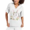 2024 Scrub Tops Giorno di Pasqua Donna Scollo a V Bunny Egg PrintTop T-shirt da lavoro allattata Camicetta con tasche Uniforme medica 98SZ #