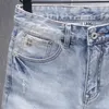 Erkek kot yaz tasarımcısı moda kısa erkekler retro açık mavi streç ince fit yırtık yamalı vintage gündelik denim şort