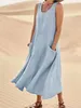 Chic Women Coton Linen Sundress Sommar kvinnlig ärmlös dubbel Big Pocket Loose Sand Beachwear Long Dress Overized Vestidos 240321