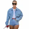 Sexig paljettblå denim shorts kostym över 2 stycken kvinnor beskurna jacka och kort byxmatchning set c60b#