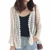 Femmes Flare Lg manches haussement d'épaules Cardigan évider Crochet tricoté ouvert Frt Sheer dentelle Cover Up pull vêtements amples x4ZM #