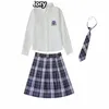 Gonne a pieghe uniformi della ragazza della scuola giapponese harajuku camicia ricamata gonna scozzese cravatta set uniformi JK sexy del college per la donna E6dU #