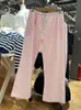 Women's Jeans Retro pink striped drawstring sports pants for womens autumn high waisted linen casual wide leg pantsL2403