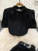 Vestidos de trabajo Temperamento Falda de lunares Conjunto de 2 piezas Mujeres Verano Manga corta Camisa negra Top Trajes largos ajustados