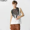 Camisetas sin mangas para hombres Hombres Malla Patchwork Borla O-cuello Sin mangas Streetwear Chalecos masculinos 2024 Ver a través de ropa de moda INCERUN S-5XL