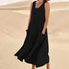 Chic Women Coton Linen Sundress Sommar kvinnlig ärmlös dubbel Big Pocket Loose Sand Beachwear Long Dress Overized Vestidos 240321