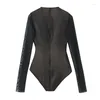 Women's T Shirts Women bodycon bodysuit 2024 Black Folds fodrade nät Jumpsuits Tops Back dragkedja Slim Stretch Long Sleeve Spring Summer 311908