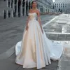 2024 Prinses A-lijn Trouwjurk Strapless Parels Kralen Satijnen Bruidsjurken Sweep Trein Vestido De Novias Robe De Mariage