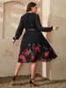 szykowny kwiatowy nadruk w dużych rozmiarach v szyja midi belted dr Women Casual Clothing Black LG Sleeve impreza Elegancka vintage dres K63s#