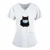 black Cat Print Nursing Scrubs Tops Women T Shirt Casual Short Sleeve Scrubs Uniforms Nurse V-neck Pocket Blouse Carer Clothes O0fu#