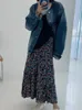 ヴィンテージブルーフラワープリントスカート女性用サマーハイウエストアラインスカート
