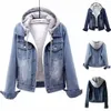 korean Versi of Denim Plus Veet Jacket Solid Color Fi Detachable Hooded Fleece Warm Lamb Wool Cott-padded Jacket 90gw#