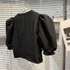 Kadınlar T-Shirt Vintage Black Patchwork Elmas Gömlek V Boyun Puff Kısa Kollu Koreli İnce Moda Kadın Blouses 2022 Giyim24329