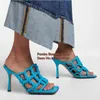 Sandaler Sexig väv Braid High Heel Gold Blue Silver Chain Cross Strap Slip On Summer Shoes Square Toe Mules Size43