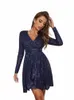 Dm Merk Traf Vrouwelijke Dr Blauw Superplice Hals Ctrast Kant Pailletten Party Dr Sexy Deel Dres Vestidos Para Mujer p8qu #