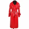 Nerazzurri Automne Lg Rouge Imperméable Brillant Réfléchissant En Cuir Verni Trench-Coat Pour Femmes Double Boutonnage Plus La Taille Fi S6qY #