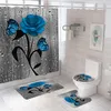 Ensemble de tapis antidérapants pour salle de bain, fleur bleue, papillon, rideau de douche imperméable et durable, couvercle de tapis de piédestal, couverture de toilette, tapis de bain 2107334g