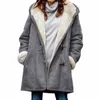 2023 Winter Vintage Women Coat Warm Butt Jackets Thick Fleece Hooded Lg Jacket with Pocket Ladies Outwear Loose Top Trench W3Y9#