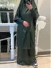 Etniska kläder 2 bit Abaya Set Satin Islamic Hooded Khima Long kjol Bön outfit Ramadan för kvinnor muslimska dubai blygsamhet burka jilbab