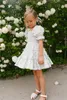 Code printed European and American children's dress lovely princess skirt square collar lantern sleeve floral plaid dress