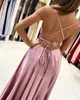 babyonline Satin A-line Gown with Strappy Lace Up Back and High Skirt Slit Floor Length Wedding Bridesmaid Dres Prom Dr x9hI#