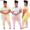 cm.yaya Active Wear Plus Size XL-4XL Tie Dye Print Conjunto feminino camiseta calças empilhadas terno agasalho conjunto de duas peças Fitn Outfit Z893 #
