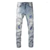 Jeans pour hommes US Drips Blue Distressed Streetwear High Stretch Rouge Patchwork Trous Moustache Slim Fit Ripped Hommes