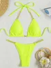 Women's Swimwear Sexy Neon Yellow Bikini Set 2022 Women Solid Black Pleated Push Up Swimsuit Summer Beach Bathing Suit Metal Chain Thong Swimwear T240328