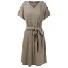 Party Dresses Women Summer V Neck Dress with Belt Elegant Casual Short Sleeve Retro Robe Solid Color Beach sundress Vestidos