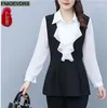 Blusas femininas L-5XL roupas soltas 2024 primavera manga longa elegante babados camisas brancas casual retro túnica peplum topos e