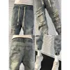 summer New Drawstring Male Vintage Overalls Denim Casual Ripped Hole Matte Cargo Designer Versatile Casual Cowboy Pants for Men 765z#